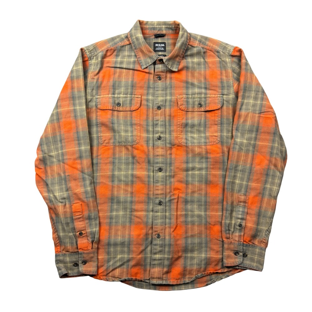 Prana Mens Medium Slim Fit Edgewater Flannel Shirt Plaid Orange Grey Button Up